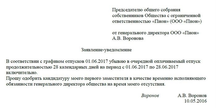 Как оформить заявление на отпуск руководителю ООО